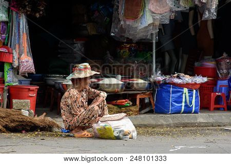 Vietnam, Nha Trang - January 3, 2016: Lifestyle Of Asian Old Women On A Street