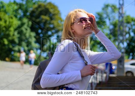 Woman Sunglasses Enjoy Walk Sunny Day, Urban Background. Urious Tourist. Trendy Girl Walking. Woman 