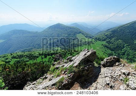 The Rocky Slope With View On Cross Paths In Vratna Valley At The National Park Mala Fatra, Slovakia.