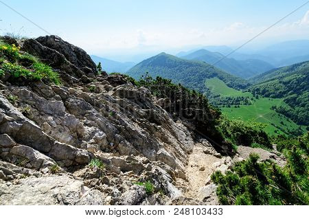 The Rocky Slope With View On Cross Paths In Vratna Valley At The National Park Mala Fatra, Slovakia.