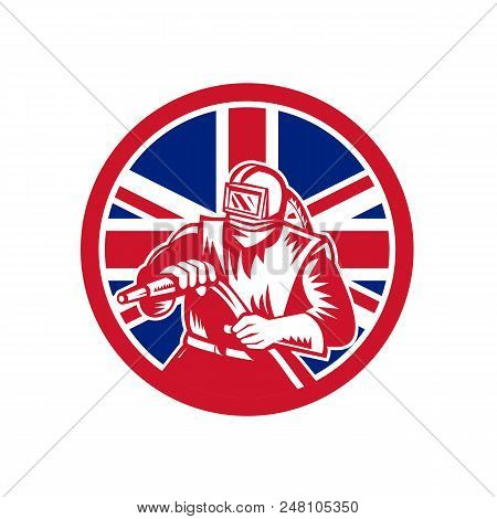 Icon Retro Style Illustration Of A British Sandblaster, Abrasive Blasting Or Sandblasting,  With Uni