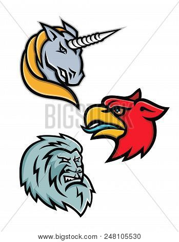Mascot Icon Illustration Set Of Heads Of Legendary Or Mythical Creatures Like The Unicorn,griffin, G