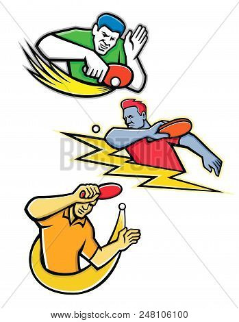 Mascot Icon Illustration Set Of Table Tennis Or Ping-pong Player Striking, Smashing, Blocking A Ping