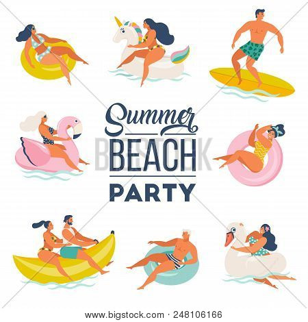 Pool Party Set. Happy People. Summer Outdoor Activities And Festive Decoration. Vector Illustration 