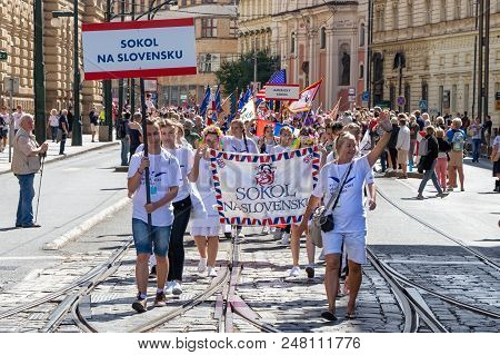 Prague, Czech Republic - July 1, 2018: Slovak Visitors Parading At Sokolsky Slet, A Once-every-six-y