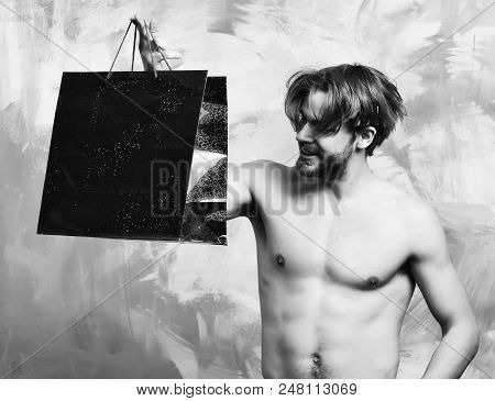 Bearded Man, Short Beard. Caucasian Sexy Macho Man With Moustache Shows Six Packs And Abs On Muscle 