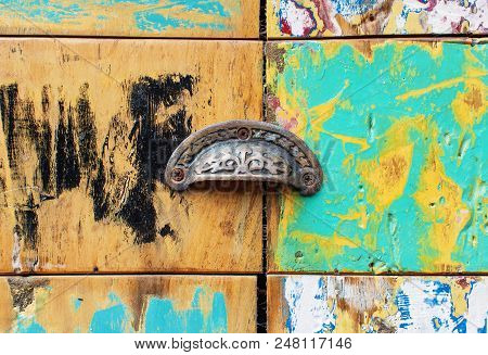 Decorative And Colorful Wood Furniture. Painted Wooden Plank Background. Old Weathered Wood Texture.