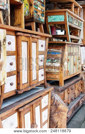 Decorative And Colorful Wood Furniture. Painted Wooden Plank Background. Old Weathered Wood Texture.