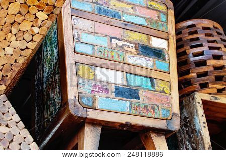 Decorative And Colorful Wood Furniture. Painted Wooden Plank Background. Old Weathered Wood Texture.