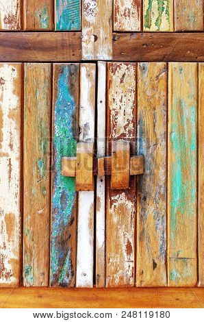 Decorative And Colorful Wood Furniture. Painted Wooden Plank Background. Old Weathered Wood Texture.