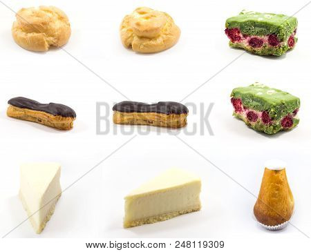 The Set Of Many Yummy Pies And Cakes: Profiterole, Eclairs, Pistachio Pastry, Cheese Cake, Rum Baba 