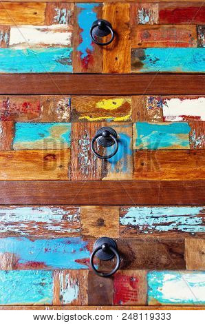 Decorative And Colorful Wood Furniture. Painted Wooden Plank Background. Old Weathered Wood Texture.