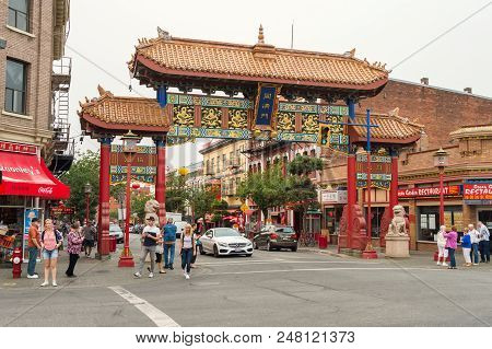 Victoria, British Columbia, Canada - 6 September 2017: Chinatown Gate On Fisgard Street