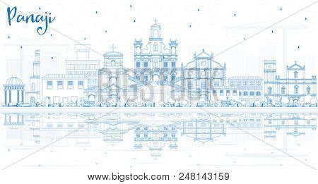 Outline Panaji India City Skyline with Blue Buildings and Reflections. Business Travel and Tourism Concept with Historic Architecture. Panaji Cityscape with Landmarks.