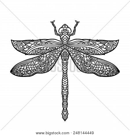 Bllack And White Dragonfly In Mandala Style. Stylized Insect. Boho Vector Illustration. Ethnic Patte