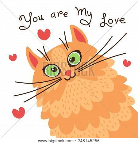 A Red Cat Loves You. Card With Sweet Ginger Kitten Who Confesses In Love. Vector Illustration.