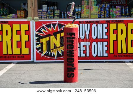 7-3-2018 Santa Ana, California: Fireworks for sale. 4th of July Fireworks stand with fireworks for sale for the Independence Day Holiday of July 4, 2018. 