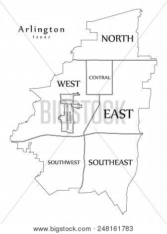 Modern City Map - Arlington Texas City Of The Usa With Neighborhoods And Titles Outline Map