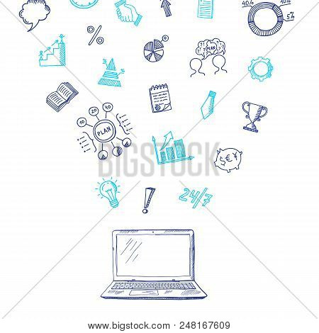 Vector Business Doodle Icons Flying Out Of Laptop Concept Illustration. Drawing Banner And Poster