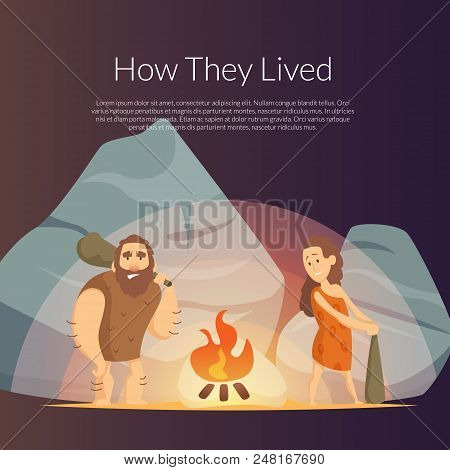 Vector Banner Cartoon Cavemen Background With Place For Text Illustration