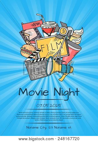 Vector Cinema Doodle Icons Poster For Movie Night Or Festival On Sunrays Bacgkround Illustration