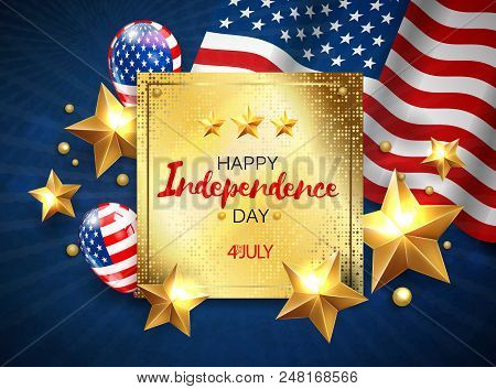 Independance Day Greeting Banner With Golden Stars Anf Flag. Vector