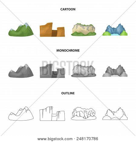 Green Mountains With Snow Tops, A Canyon, Rocks With Forests, A Lagoon And Rocks. Different Mountain