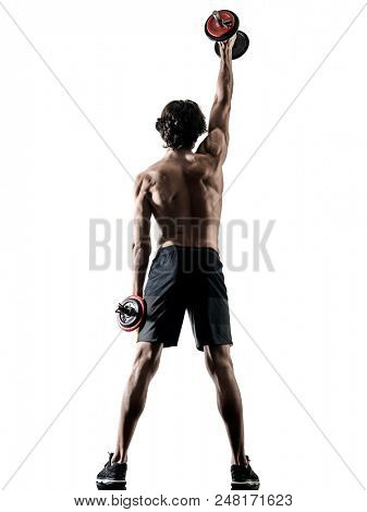one caucasian man fitness weitghs training exercises  studio in silhouette isolated on white background