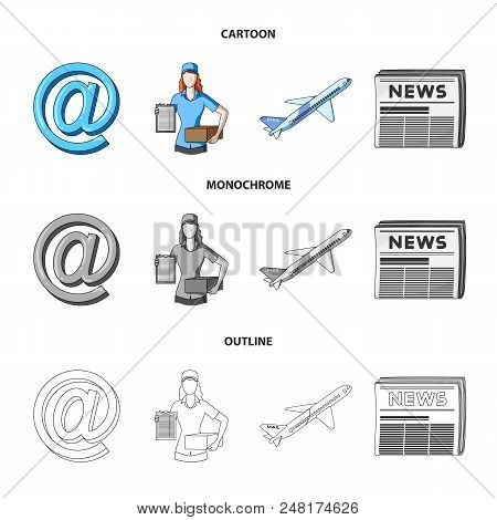Email Symbol, Courier With Parcel, Postal Airplane, Pack Of Newspapers.mail And Postman Set Collecti