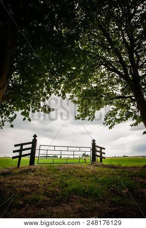 Old Wooden Fence For The Entrance Of A Flat And Green Grassland. A Look At The Polder Of The Kamper 