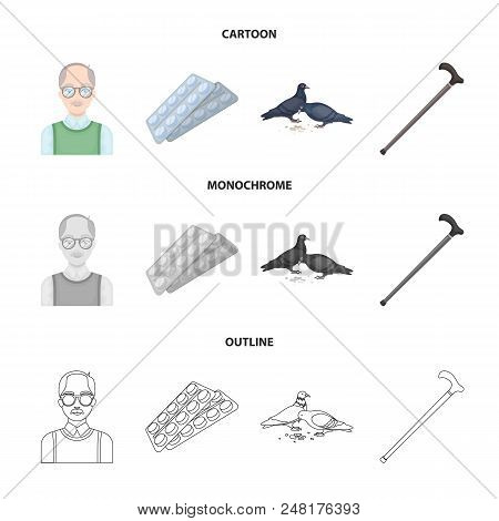 Elderly Men, Tablets, Pigeons, Walking Cane.old Age Set Collection Icons In Cartoon, Outline, Monoch