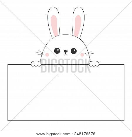 Rabbit Happy Face Head Icon Hanging On Paper Board Template. Pink Cheeeks. Paw Hands. Contour Line. 