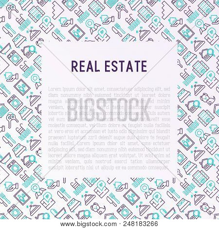 Rea Estate Concept With Thin Line Icons: Apartment House, Bedroom, Keys, Elevator, Swimming Pool, Ba