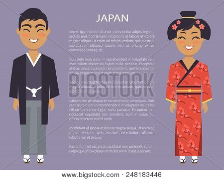 Japan Traditions And Customs Represented By Japanese People, Woman Wearing Red Kimono And Man In Nat