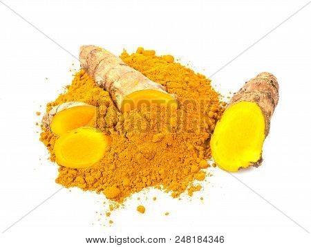 Turmeric Powder And Fresh Turmeric (curcuma) Isolated On White Background. Herbal