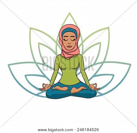 Vector Doodle Illustration Of A Cute Young Muslim Girl In A Scarf Meditating In Lotus Pose With Flow