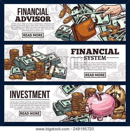 Money Banner Of Finance And Investment Business Concept. Cash Money Of Dollar Currency, Gold Coin St