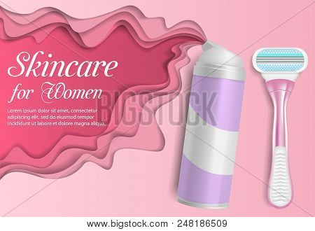 Mens Skincare Products Ad Vector Paper Cut Illustration. Shaving Foam Bottle And Wet Shave Razor Moc
