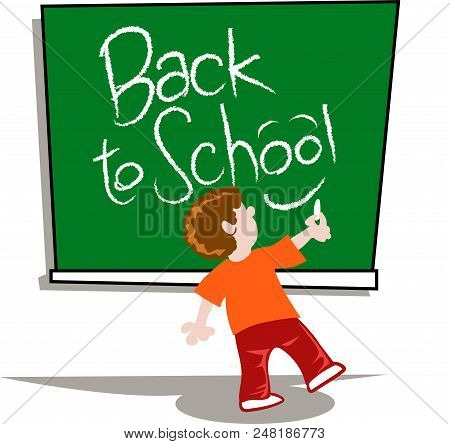 Boy Write Back To School On Blackboard Cartoon Vector Illustration