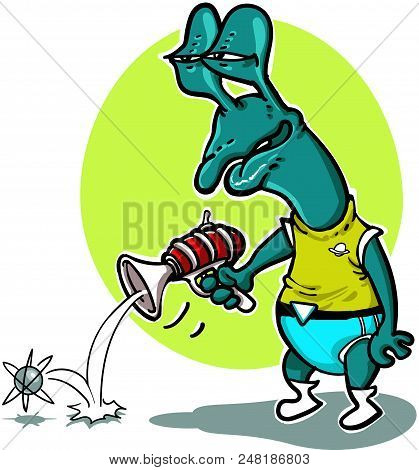 Stupid Alien Funny Cartoon Hand Drawn Vector Illustration.