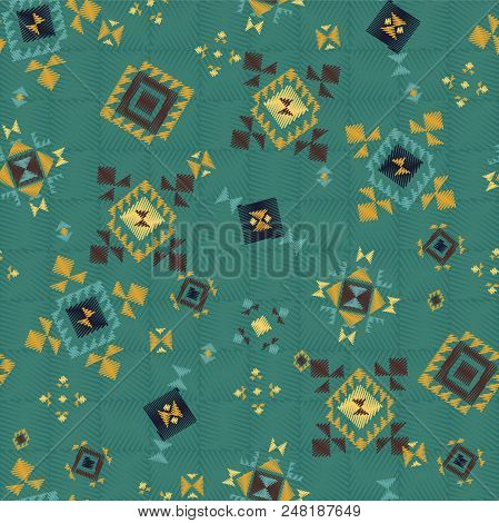 Geometric Embroidery Style. Ethnic Seamless Pattern. Abstract Aztec Background. Digital Or Wrapping 