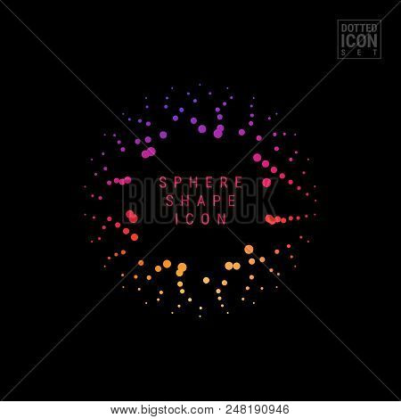 Halftone Spherical Shape Frame Isolated On Black Background. Modern Bright Gradient Halftone Sphere,
