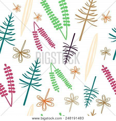 Colorful Plants Seamless Pattern Handdrawn On White Font