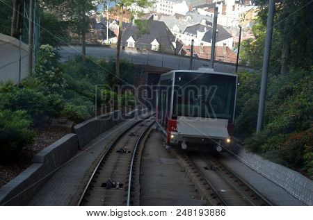 Floibanen funicular to Mt Floyen at Bergen City .June 26,2018. Bergen, Norway, 