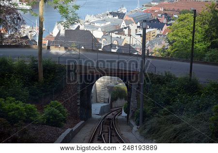 Floibanen funicular to Mt Floyen at Bergen City .June 26,2018. Bergen, Norway, 