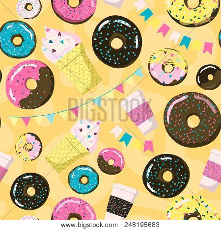 Sweet Seamless Donuts, Coffe And Ice Cream Pattern. Summer Party Background With Flags Garland. Can 