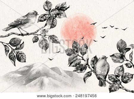 Watercolor Painting.  Hand Drawn Illustration. Nature Scene With Dawn And Birds Sitting On Tree Bran