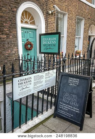 London, Uk - 18 December 2017: The Main Entrance And Information Signage To The Charles Dickens Muse