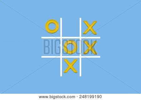 Yellow Plastic Crosses And A Toe And A Ruled Field For Playing Tic-tac-toe On A Blue Background. Con