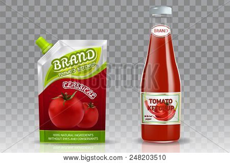 Tomato Ketchup Packaging Mockup Set. Vector Realistic Illustration Of Glass Bottle And Doypack Plast